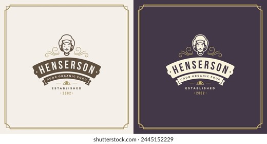 Restaurant logo template vector illustration chef man face in hat silhouette, good for restaurant menu and cafe badge. Vintage typography emblem with decoration and symbols.