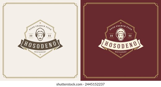 Restaurant logo template vector illustration chef man face in hat silhouette, good for restaurant menu and cafe badge. Vintage typography emblem with decoration and symbols.