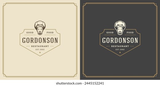 Logotipo del restaurante Plantilla cara del chef de la Ilustración vectorial en la silueta del sombrero, bueno para el menú del restaurante y la insignia del café. Emblema tipográfico de Antiguas con decoración y símbolos.