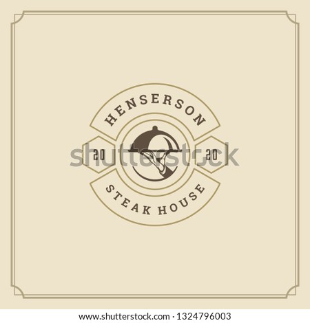 Restaurant logo template vector illustration. Waiter hand holding tray silhouette, good for restaurant menu and cafe badge. Vintage typography emblem design.