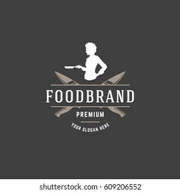 Objeto vectorial de plantilla de logotipo para logotipo o diseño de placa. Ilustración moderna de estilo retro, silueta de cocina Chef Woman.