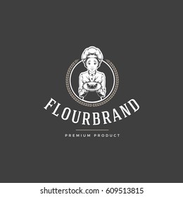 Restaurant logo template vector object for logotype or badge Design. Trendy retro style illustration, Chef Woman Giving Food silhouette.