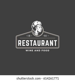 Restaurant logo template vector object for logotype or badge Design. Trendy retro style illustration, Chef woman Giving Food silhouette.