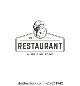 Restaurant logo template vector object for logotype or badge Design. Trendy retro style illustration, Chef woman Giving Food silhouette.
