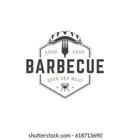 Restaurant logo template vector object for logotype or badge Design. Trendy retro style illustration, Barbecue grill sausage and fork silhouette.