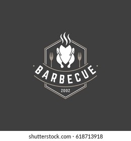 Restaurant logo template vector object for logotype or badge Design. Trendy retro style illustration, Barbecue grill chicken silhouette.