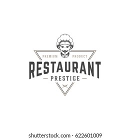 Restaurant logo template vector object for logotype or badge Design. Trendy retro style illustration, Chef man silhouette.