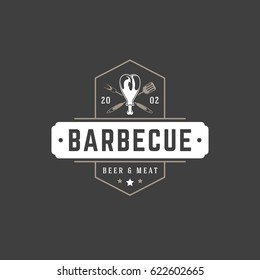Restaurant logo template vector object for logotype or badge Design. Trendy retro style illustration, Barbecue grill chicken silhouette.