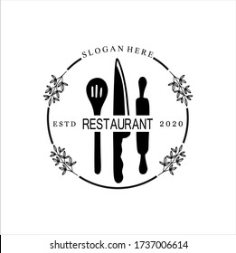 Logo del restaurante, ilustración del vector plantilla del logotipo del restaurante, RESTAURANTE inicial con hojas de equipo de cocina, fondo de círculo y blanco