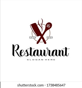 Restaurant logo, Vector illustration restaurant logo template,  initial RESTAURANT with kitchen equipment, circle, smoke and white background