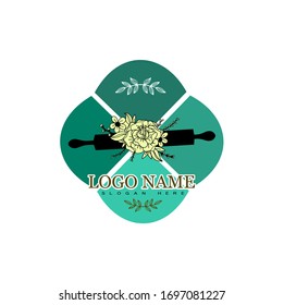 Restaurant logo, vector kitchen equipment, equipment with green object and white background