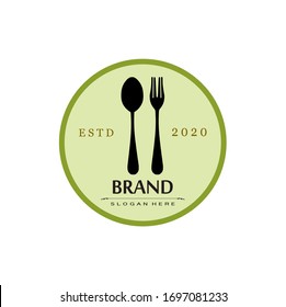 Restaurant logo, vector kitchen equipment, cutlery with  circle frames, brand and white background