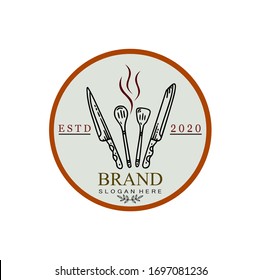 Logotipo del restaurante, equipamiento de cocina vectorial, equipo con marcos de círculo, fondo blanco y de marca