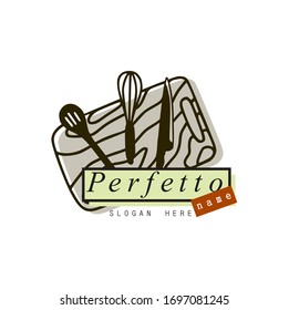 Restaurant logo, vector kitchen equipment, equipment with initial and white background