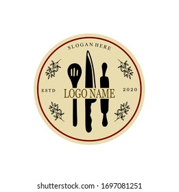 Restaurant logo, vector kitchen equipment, equipment with circle frames, brand and white background