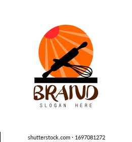 Restaurant logo, vector kitchen equipment, equipment with orange circle and white background