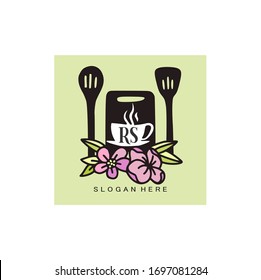Logotipo del restaurante, equipamiento vectorial de cocina. equipo, taza de café con fondo floral y blanco