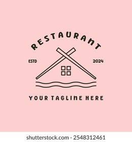restaurant logo vector line art with house icon and tableware concept minimalist design