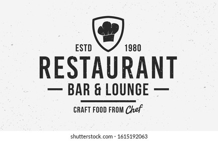 Restaurant logo vintage design. Shield frame with chef hat. Vintage emblem for restaurant, cafe, kitchen. Restaurant menu design. Vector illustration