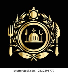 Restaurant logo, vintage retro style vector emblem created with golden laurel wreath.