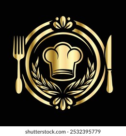 Restaurant logo, vintage retro style vector emblem created with golden laurel wreath.