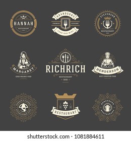Restaurant logos design templates set vector illustration. Good for restaurant menu and cafe badges. Vintage typography elements and silhouettes.