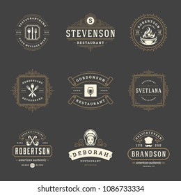 Restaurant logos design templates set vector illustration. Good for restaurant menu and cafe badges. Vintage typography elements and silhouettes.