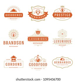 Restaurant logos design templates set vector illustration. Good for restaurant menu and cafe badges. Vintage typography elements and silhouettes.