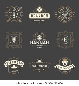 Restaurant logos design templates set vector illustration. Good for restaurant menu and cafe badges. Vintage typography elements and silhouettes.