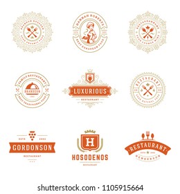 Restaurant logos design templates set vector illustration. Good for restaurant menu and cafe badges. Vintage typography elements and silhouettes.