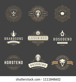 Restaurant logos design templates set vector illustration. Good for restaurant menu and cafe badges. Vintage typography elements and silhouettes.