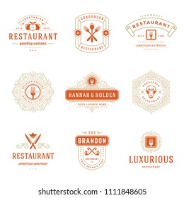 Las plantillas de diseño de logotipos de restaurante configuran la ilustración vectorial. Es bueno para el menú del restaurante y las insignias de la cafetería. Tipografía de época y siluetas.