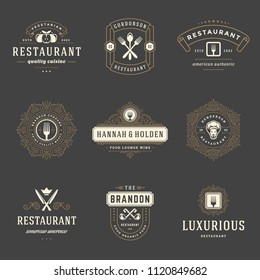 Restaurant logos design templates set vector illustration. Good for restaurant menu and cafe badges. Vintage typography elements and silhouettes.