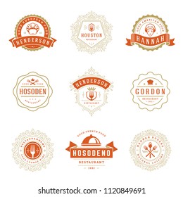 Restaurant logos design templates set vector illustration. Good for restaurant menu and cafe badges. Vintage typography elements and silhouettes.