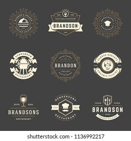 Restaurant logos design templates set vector illustration. Good for restaurant menu and cafe badges. Vintage typography elements and silhouettes.