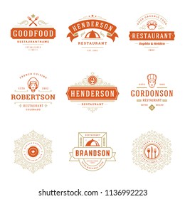 Restaurant logos design templates set vector illustration. Good for restaurant menu and cafe badges. Vintage typography elements and silhouettes.