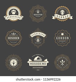 Restaurant logos design templates set vector illustration. Good for restaurant menu and cafe badges. Vintage typography elements and silhouettes.