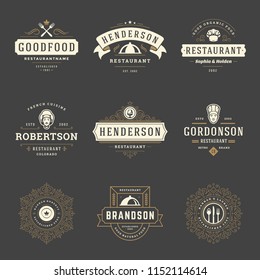 Restaurant logos design templates set vector illustration. Good for restaurant menu and cafe badges. Vintage typography elements and silhouettes.