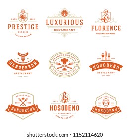 Restaurant logos design templates set vector illustration. Good for restaurant menu and cafe badges. Vintage typography elements and silhouettes.