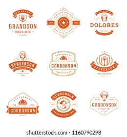 Restaurant logos design templates set vector illustration. Good for restaurant menu and cafe badges. Vintage typography elements and silhouettes.