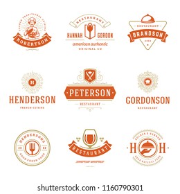 Restaurant logos design templates set vector illustration. Good for restaurant menu and cafe badges. Vintage typography elements and silhouettes.