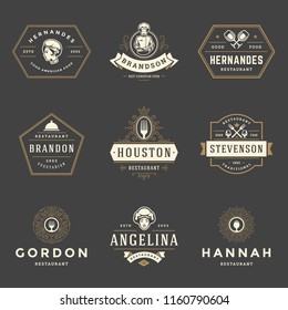 Restaurant logos design templates set vector illustration. Good for restaurant menu and cafe badges. Vintage typography elements and silhouettes.