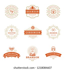 Restaurant logos design templates set vector illustration. Good for restaurant menu and cafe badges. Vintage typography elements and silhouettes.