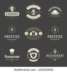Restaurant logos design templates set vector illustration. Good for restaurant menu and cafe badges. Vintage typography elements and silhouettes.
