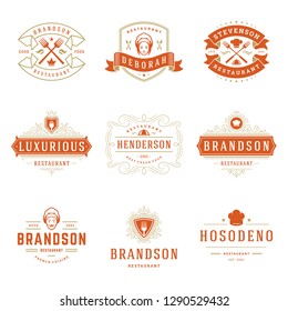 Restaurant logos design templates set vector illustration. Good for restaurant menu and cafe badges. Vintage typography elements and silhouettes.