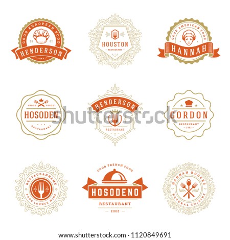 Restaurant logos design templates set vector illustration. Good for restaurant menu and cafe badges. Vintage typography elements and silhouettes.