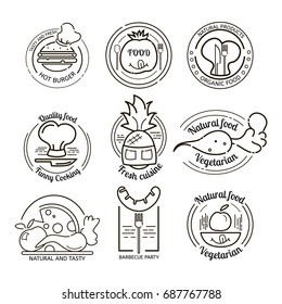 Restaurant logos and emblems set. Hand drawn logos premium collection. BBQ and vegetarian vector set.