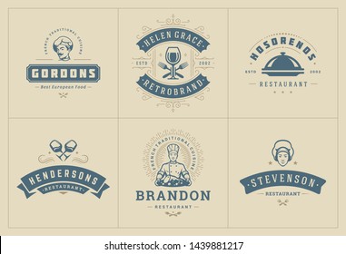 Restaurant logos templates set vector illustration good for menu labels and cafe badges. Vintage typography decoration design elements and symbols.