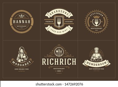 Restaurant logos templates set vector illustration good for menu labels and cafe badges. Vintage typography decoration design elements and symbols.