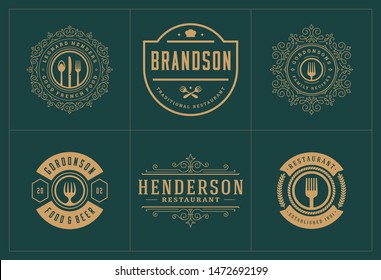 Restaurant logos templates set vector illustration good for menu labels and cafe badges. Vintage typography decoration design elements and symbols.